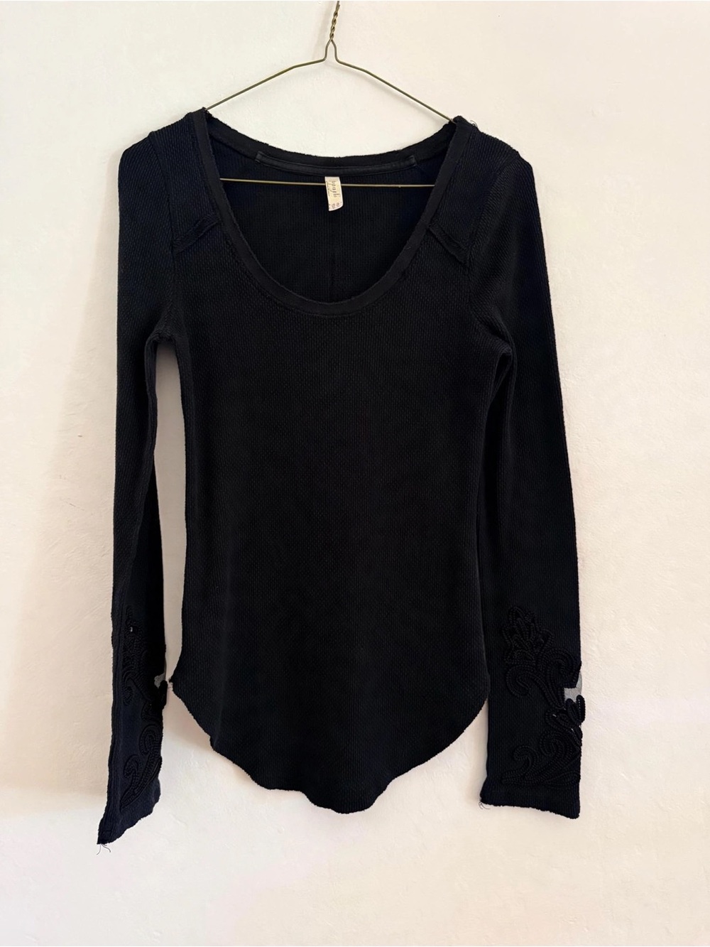 Free People Black Waffle Knit Scoop Neck Top Embroidered Sleeves Boho M